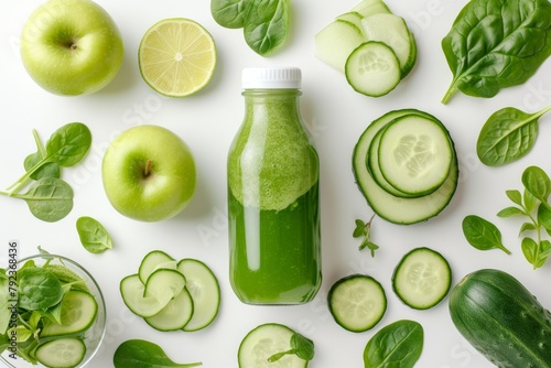 Healthy weight loss juice in a bottle made with natural and organic green vegetable smoothie ingredients like cucumber apple lime and spinach isolated on whit photo
