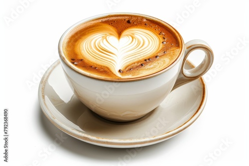 Heart shaped cream on white background depicting a hot coffee cup