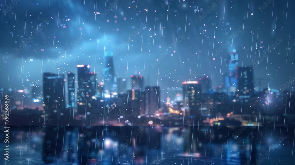 A city skyline blurred by a shower of shooting stars amidst a rainy night