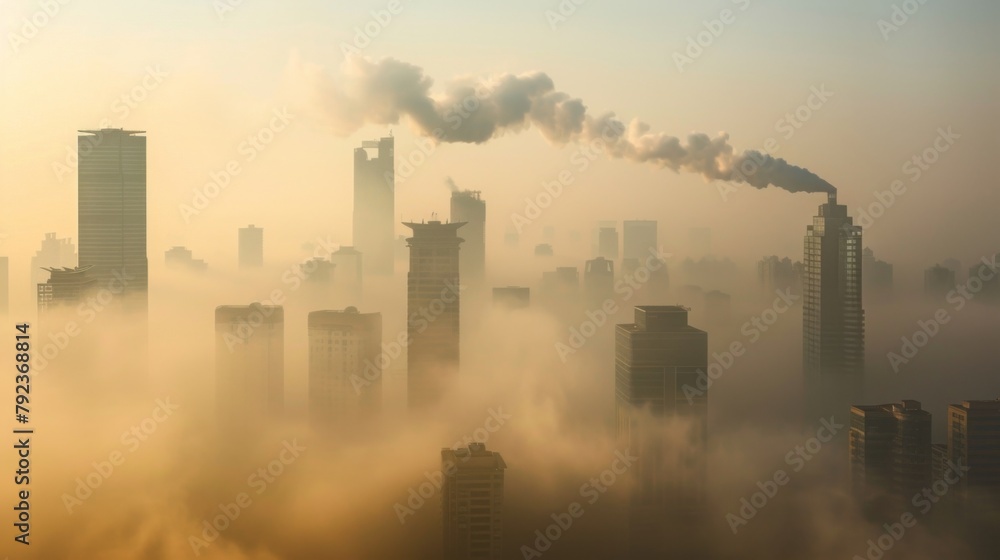 A city skyline obscured by thick smog, illustrating the consequences of carbon emissions and air pollution on urban environments.