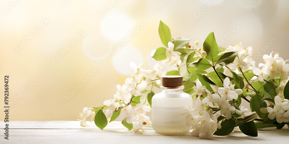 Spa treatment with blooming branch on white wooden table
