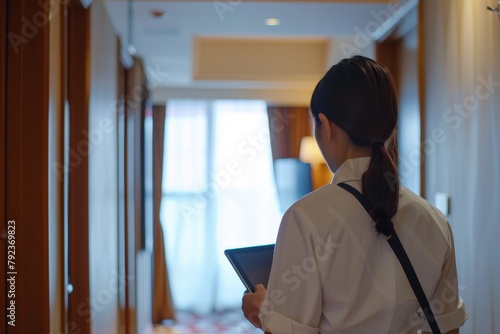 Housekeeping manager using tablet to inspect maid s work in hotel room Text space available photo