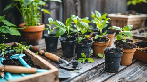 A close-up of gardening tools and seedlings on a wooden table, ready for planting in a backyard garden or community green space.