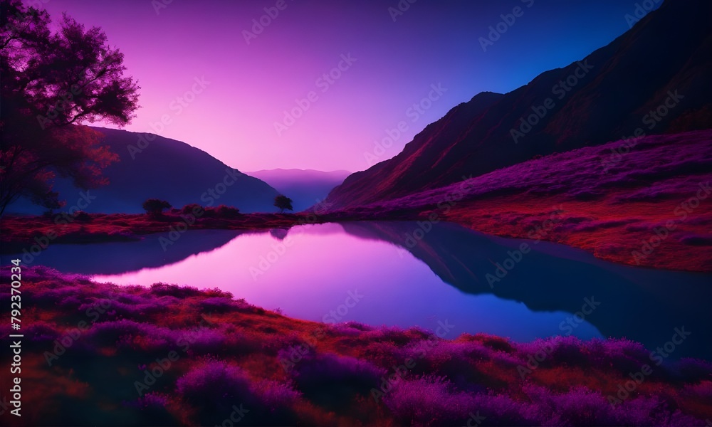 landscape features a purple hue reflecting on the water, with trees and grass visible in the surroundings