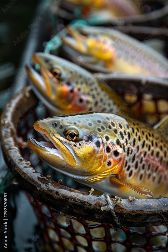 Close-up of freshly caught trout in basket Close-up of freshly caught trout in basket