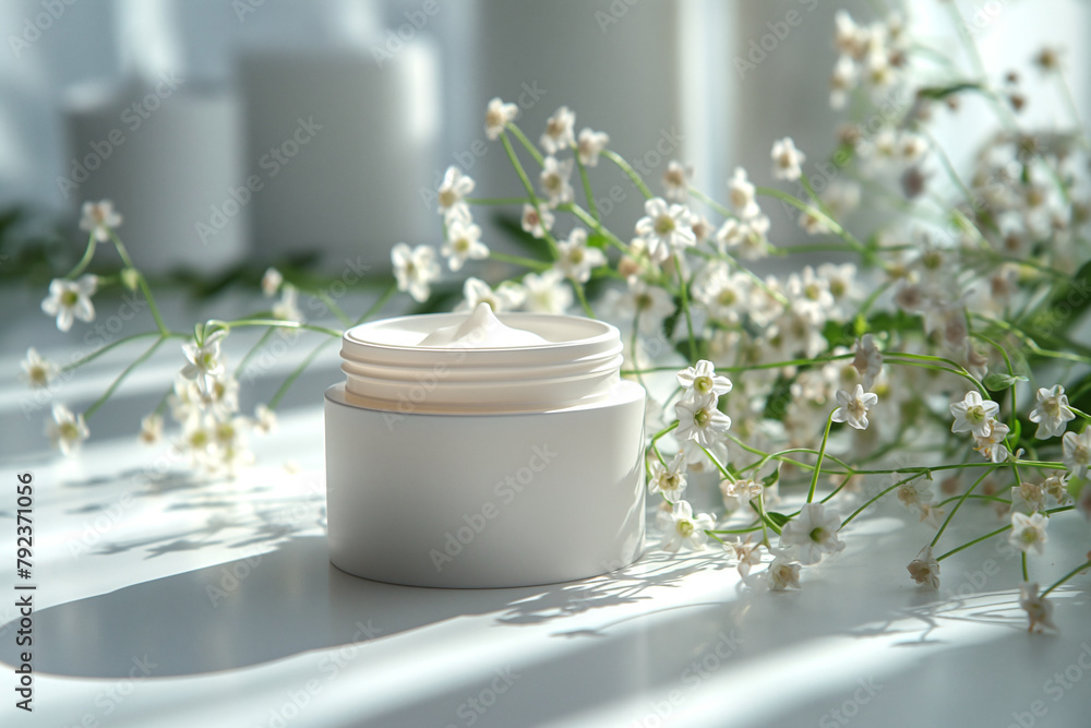 small can of white moisturizer on a white background. A minimalist background, a few lily of valley , and an ethereal atmosphere small can of white moisturizer on a white background. A minimalist background, a few lily of valley , and an ethereal atmosphere