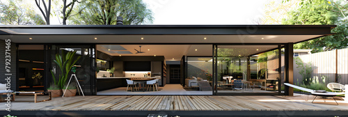 Modern loft style house in a large garden 3d render,The glass house glitters in the sun