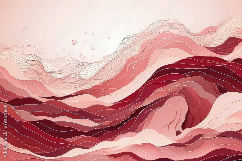 Abstract line art with waves, curves and splashes in burgundy and pink  colors . Colorful background. - obrazy, fototapety, plakaty 