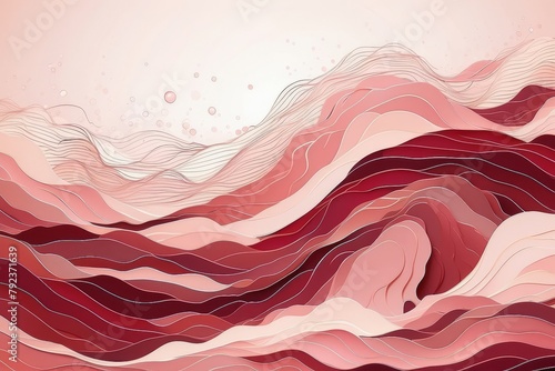 Abstract line art with waves, curves and splashes in burgundy and pink  colors . Colorful background.