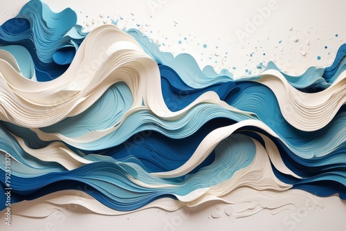 Wavy pattern of blue and white color, with voluminous waves, curves, and splashes. Abstract background photo