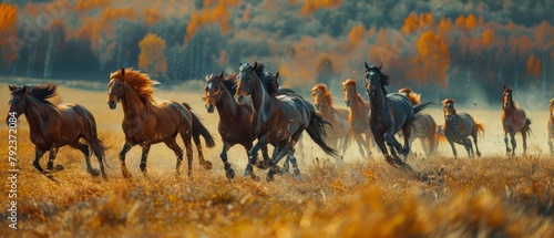 Horses galloping across a meadow, leather goods like saddles and boots showcased © Anuwat