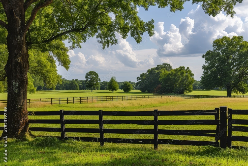 In America a rural property is lined with a black metal fence surrounded by a summer field and trees