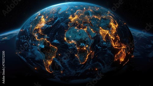 A matrix of glowing nodes and lines envelops the world globe, illustrating the intricate network infrastructure that underpins global connectivity.,art image photo