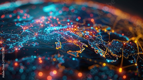 A tapestry of virtual threads crisscrosses the Earth, weaving together a mosaic of cultures and ideas, illustrating the transformative impact of technology on global society. stock image photo
