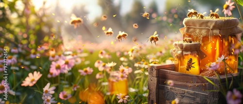 Bees buzzing around a hive in a flower field, jars of honey set on a wooden crate photo