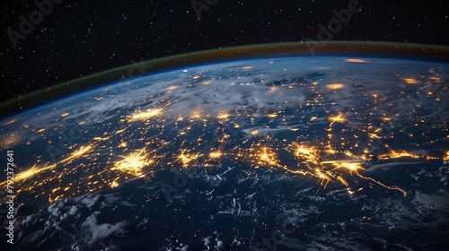 Like constellations in the night sky  digital networks form patterns of connectivity that span the globe  illuminating the Earth with the light of technology. stock photo