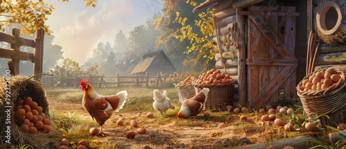 Early morning at the chicken coop, baskets of fresh eggs, hens pecking around photo
