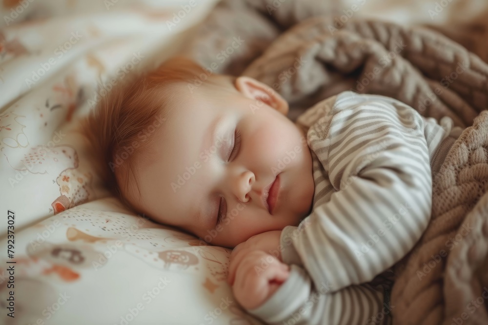 Infant peacefully slumbers in bed at home capturing the essence of a happy family Infant peacefully slumbers in bed at home capturing the essence of a happy family