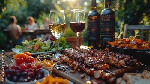 backyard dinner table have a tasty grilled bbq meat salads and wine with happy joyful people on background,art image