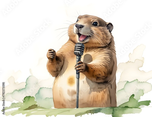 fantastic watercolor illustration of a groundhog holding a microphone 