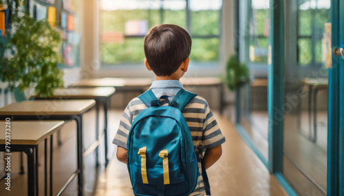 young boy enters a classroom, colorful backpack slung over his shoulder, ready for the new school year photo