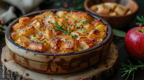 bread pudding traditional english breakfast casserole with apples and vanilla sauce bread and butter pudding on old wooden background selective focus stock image