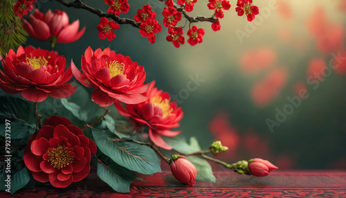 Chinese New Year-themed background with ample copy space, adorned with red hues, traditional flowers, and festive elements