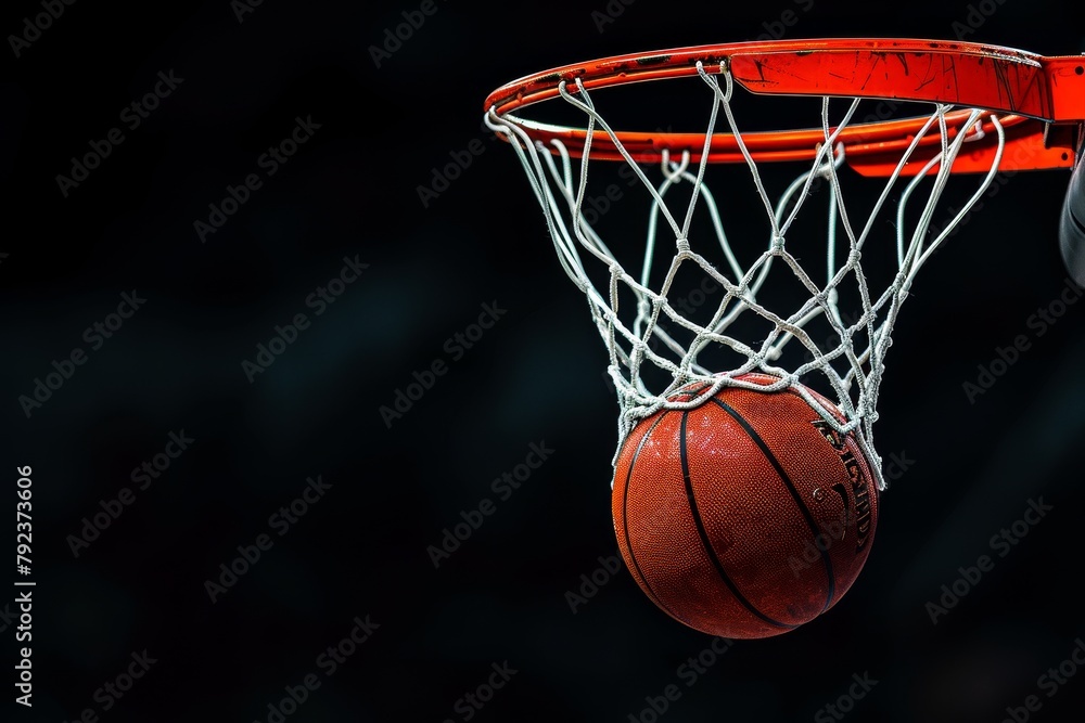 Isolated basketball going through hoop on black background