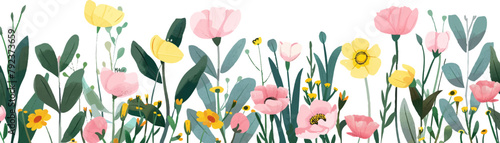 Spring meadow flowers border vector illustration with flat design