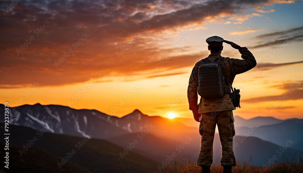 Powerful silhouette of soldier saluting at sunset, epitomizing honor and duty