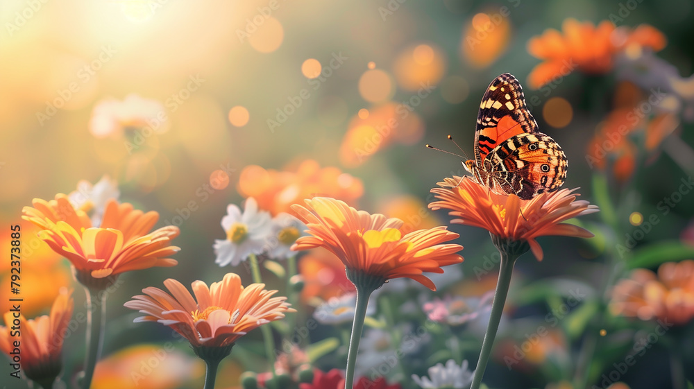 A butterfly perched on a colorful flower, enjoying the warm spring sunshine - obrazy, fototapety, plakaty 