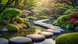 Tranquil Japanese garden scene with pathway of smooth rocks leading to zen