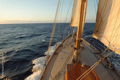 View from the mast of a sailing yacht to the deck and the sea. The concept of sea travel.