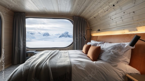 In the silence of the snowcovered landscape the bed beckons guests to bundle up in soft quilts and enjoy a restful nights sleep in the heart of the Antarctic wilderness. 2d flat cartoon.
