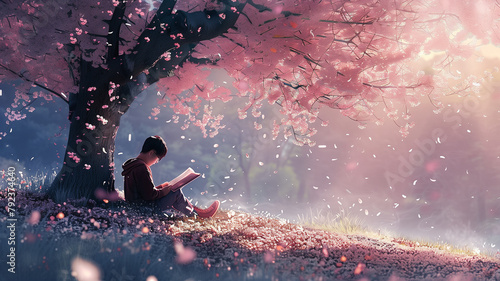 A person reading a book under a blossoming tree in a quiet park #792374640