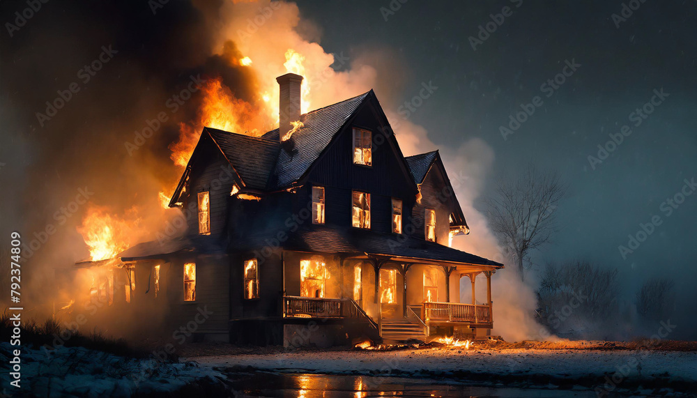 Dark, moody stock photo depicting a house burning down at night with dramatic lighting, evoking a sense of despair and tragedy