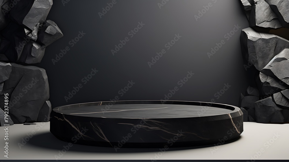 Fototapeta premium A sleek, black podium stands ready for product display against a dark and rocky backdrop. Dramatic Stone Podium Showcases Products in Style. A round stone platform stands against a backdrop.