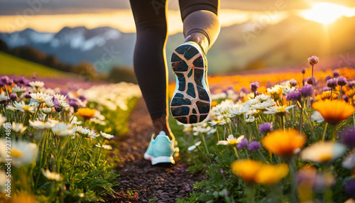 Female runner's legs in motion, jogging through vibrant flower field at sunset