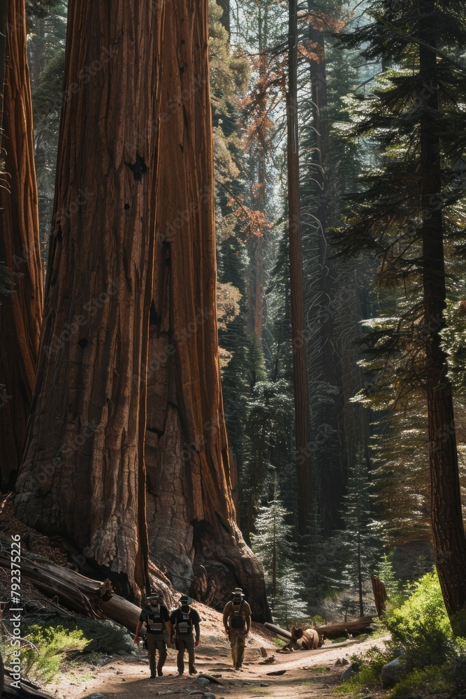 Obraz premium Team of park rangers patrolling a national park, checking trails, and ensuring the safety of visitors amidst towering trees and scenic landscapes, Gerative AI