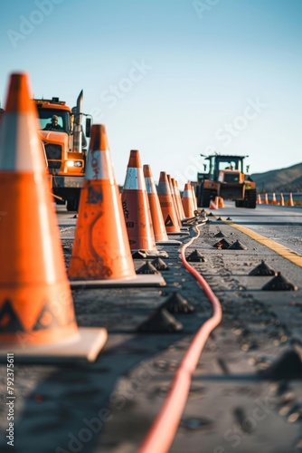 Team of road construction workers repairing a highway, with orange cones and heavy equipment lining the roadway under a clear sky, Generative AI