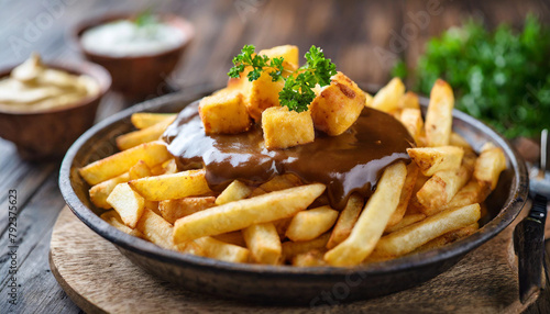 delicious poutine dish with French fries, cheese curds, and savory gravy photo