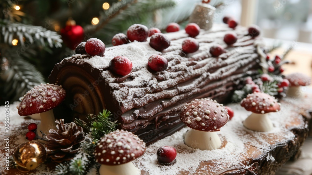 A festive yule log cake adorned with marzipan mushrooms and sugared cranberries, capturing the magic of the holiday season. A festive yule log cake adorned with marzipan mushrooms and sugared cranberries, capturing the magic of the holiday season.