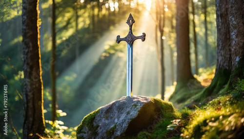 Mystical sword protrudes from stone, reminiscent of Excalibur legend, symbolizing power and destiny photo