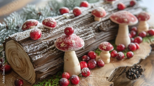 A festive yule log cake adorned with marzipan mushrooms and sugared cranberries, capturing the magic of the holiday season.