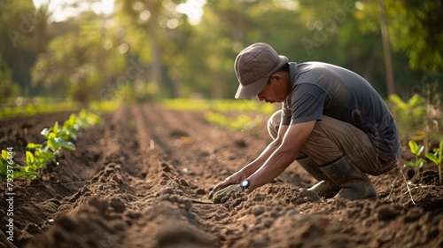 A side profile of a farmer carefully planting seeds into neat rows in the soil representing the essential process of starting the farm life cycle. .