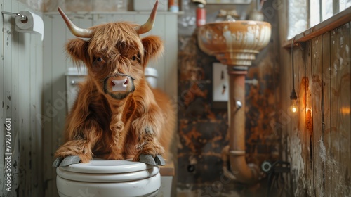 A highland cow is sitting in the bathroom looking at the phone.