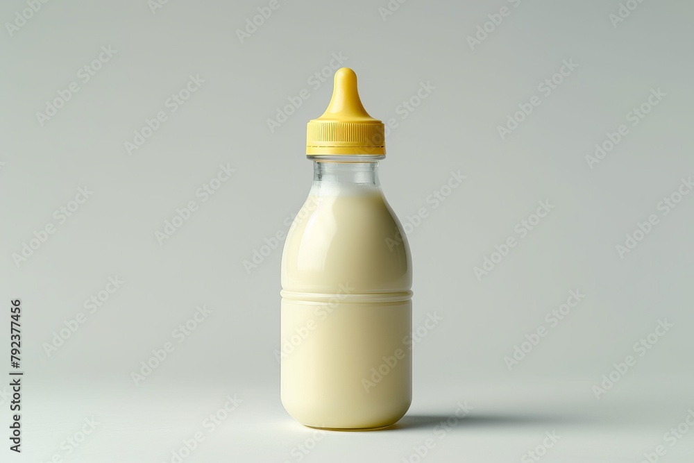 Isolated view of baby bottle with milk from below on white background Isolated view of baby bottle with milk from below on white background