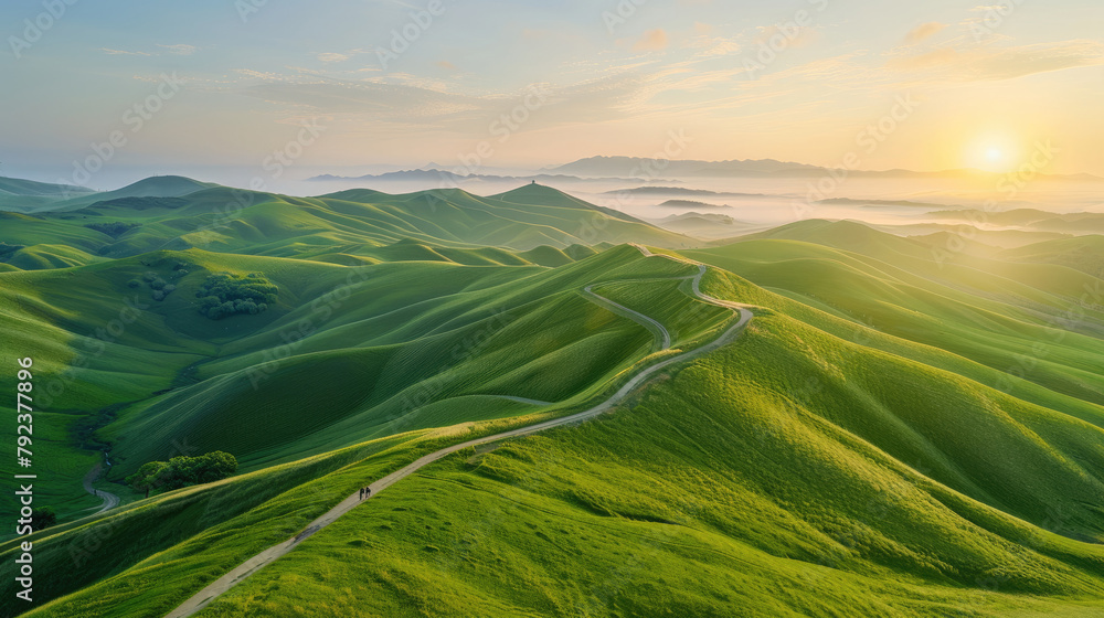 Fototapeta premium Aerial view of tranquil sunrise over verdant rolling hills with a meandering path through lush greenery