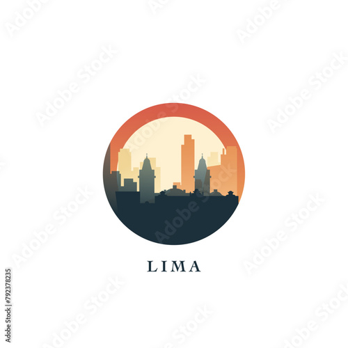 Lima cityscape, gradient vector badge, flat skyline logo, icon. Peru city round emblem idea with landmarks and building silhouettes. Isolated graphic