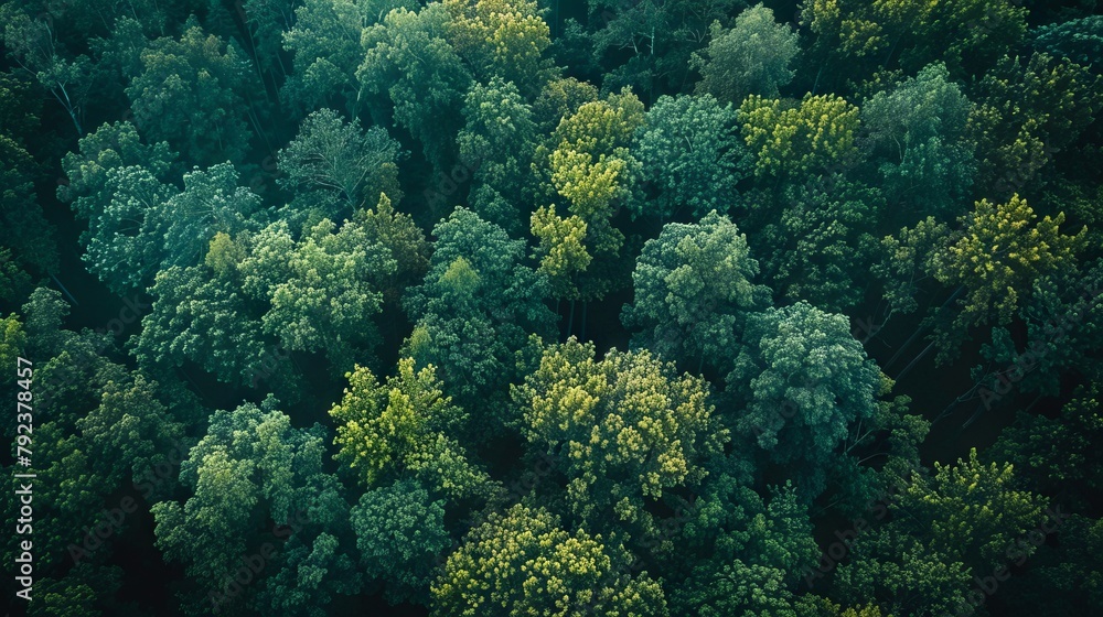 Aerial view of a forest with green trees.